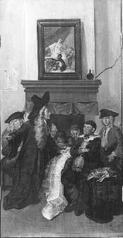 Triptiek voorstellende de boerenrechtbank uit het blijspel "Beslikte Swaantje" (middenstuk van driel, 1727, Cornelis Troost