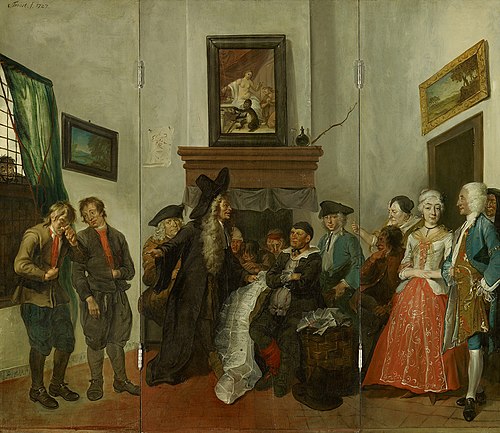 Triptiek voorstellende de boerenrechtbank uit het blijspel "Beslikte Swaantje", 1727, Cornelis Troost