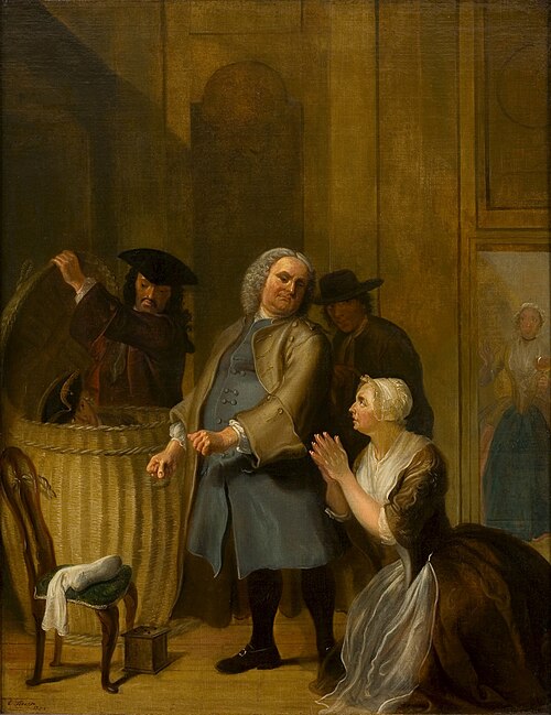 De ontdekte schijndeugd: de ontdekking van Volkert in de mand, 1735, Cornelis Troost
