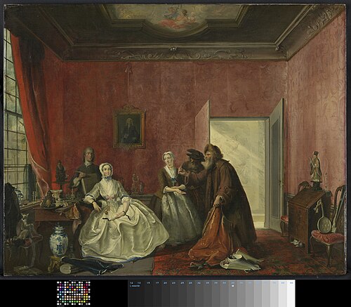 De 'Spilpenning', 3de bedrijf, 5e toneel uit het gelijknamige toneelstuk van Thomas Asselijn, 1741, Cornelis Troost