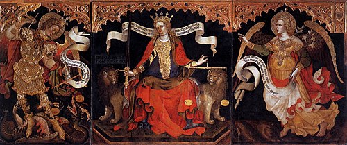Justice enthroned between the Archangels Michael and Gabriel, 1421, Jacobello del Fiore