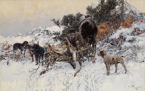 Hunter on a Horse-Drawn Cart with a Slain Deer, Escorted by Hunting Dogs in a Snowy Landscape, 1912, Jaroslav Věšín