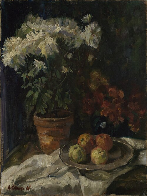 Stilleben mit weissen Chrysanthemen und Äpfeln, 1881, Albert Lang