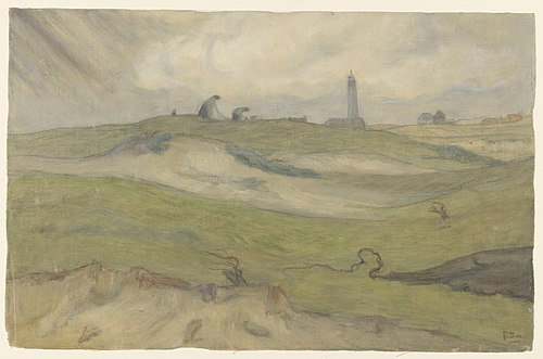 Dune landscape with lighthouse and fishing nets, 1908, Frans Smissaert
