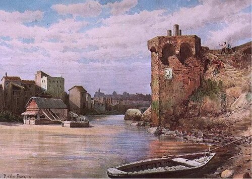 Restes médiévaux sur l'île du Tibre (district de Ripa). Au fond l'un des moulins., 1880, Ettore Roesler Franz