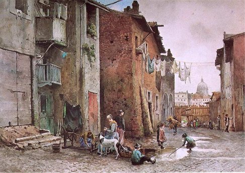 Vecchie Case alla Lungaretta in Rome (rione Trastevere), 1880, Ettore Roesler Franz