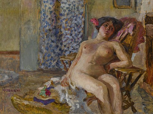 Nude sitting, Flowers in hair, 1907, Pierre Bonnard