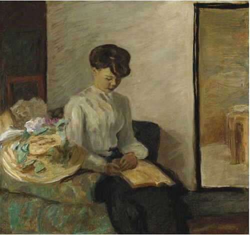 JEUNE FEMME LISANT, CHAPEAU, FLEURS, 1906, Pierre Bonnard