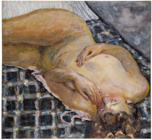 Reclining Nude against a White and Blue Plaid, 1909, Pierre Bonnard