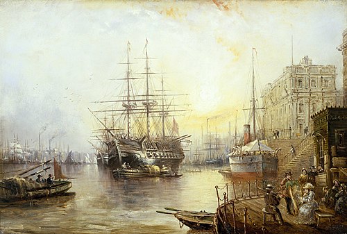 The training ship 'Fisgard' (?) off the Royal Naval College, Greenwich, in 1877, 1877, Claude Thomas Stanfield Moore