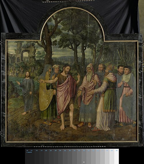 Johannes de Doper vermaant de Farizeeërs, middenpaneel van een drieluik, 1557, Hans Van Coninxloo