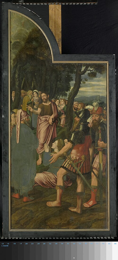 De prediking van Johannes de Doper, linkerpaneel van een drieluik, 1557, Hans Van Coninxloo