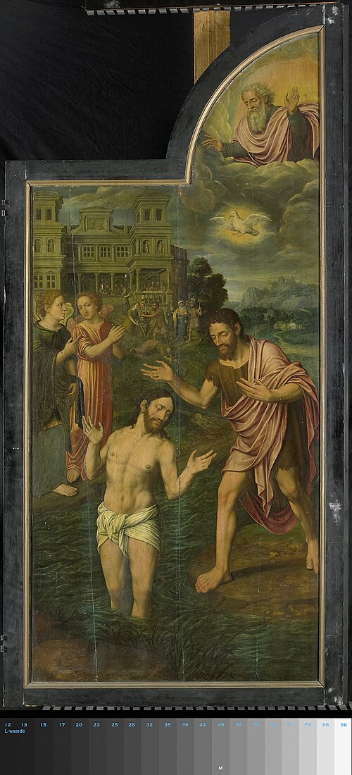 De doop van Christus in de Jordaan, rechter paneel van een drieluik (open), 1557, Hans Van Coninxloo