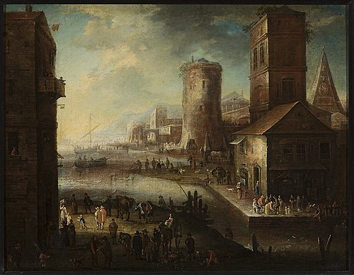 View of a port town, , Adriaen Frans Boudewyns