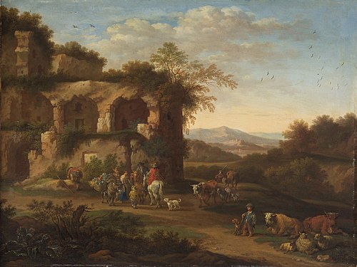 Italian landscape with antique ruins and herders, 1650, Adriaen Frans Boudewyns