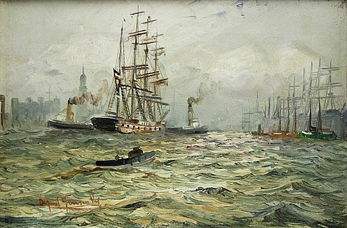 Sight of Hamburg port with sailing ship and tug boats, , Alfred Jensen