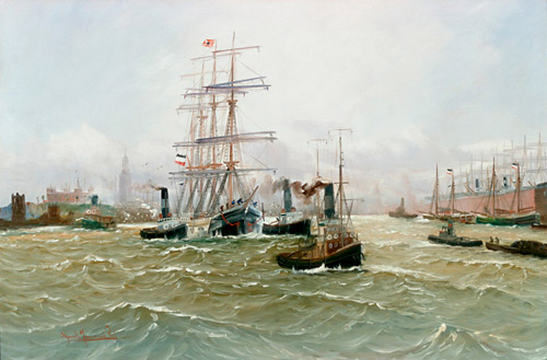 Hamburger Hafen mit Dreimaster und zahlreichen Dampfbooten., , Alfred Jensen