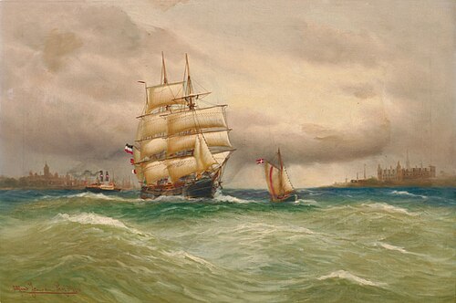 Marine mit Segelbooten, im Hintergrund Stadtsilhouette., 1910, Alfred Jensen
