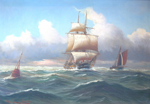 Sailing ships at sea., 1916, Alfred Jensen
