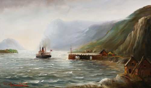 View from a Norwegian fiord, with a ship arriving at a small settlement., 1916, Alfred Jensen