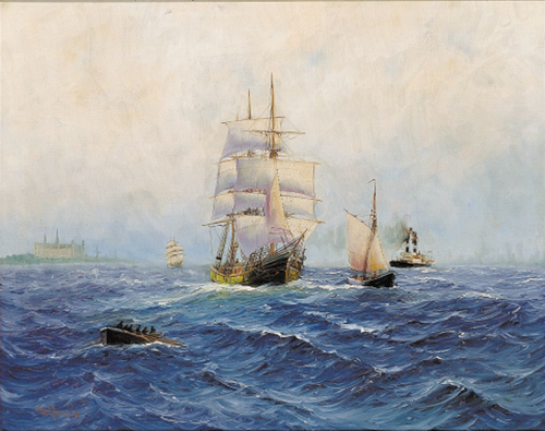 Sailing ships and a steam ferry in the Sound off Kronborg., 1906, Alfred Jensen