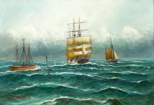 Tremaster passerer Lappegrunden Fyrskib., 1917, Alfred Jensen