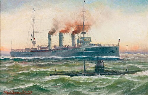 Kriegsschiff und U-Boot auf See, 1914, Alfred Jensen
