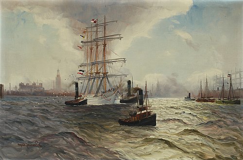 View of Hamburg habour with a sailing ship and tugs, 1935, Alfred Jensen