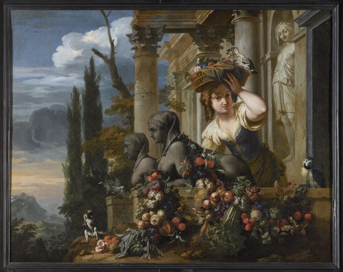 Paleisgevel met vrouwenfiguur en vruchtenstilleven, 1675, Jan Pauwel Gillemans II