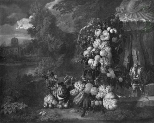 Früchtestillleben an einem Brunnen mit wasserspeienden Delfin und Ausblick auf eine Landschaft, 1643, Jan Pauwel, I Gillemans