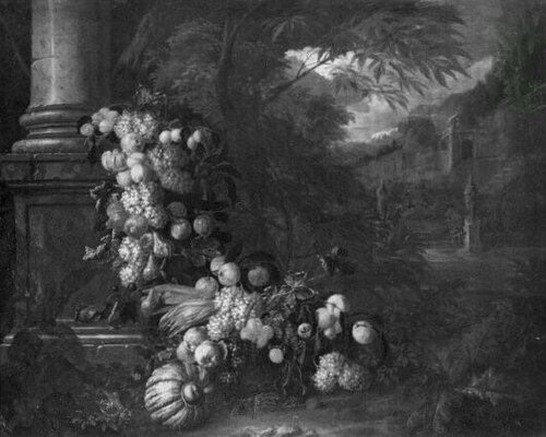 Früchtestillleben an einer Säule mit Ausblick auf eine Landschaft, 1643, Jan Pauwel, I Gillemans