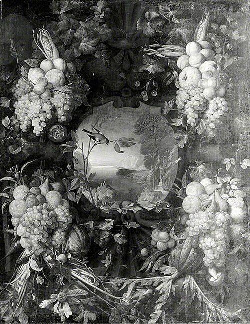 Garland of Fruit Surrounding a Cartouche Opening onto a Landscape, , Jan Pauwel, I Gillemans