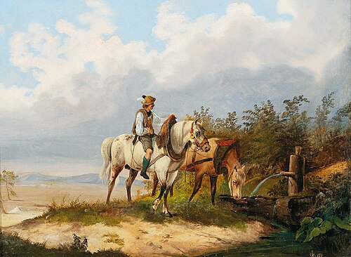 Reiter mit Pferden bei der Tränke, 1840, Alois Bach