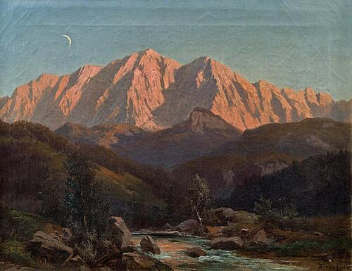 Blick auf die Zugspitze vom Einfluss der Ammer in den Ammersee, 1889, Alois Kirnig
