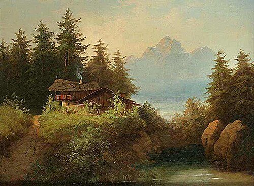 A lanscape with a lake and a mill, 1868, Alois Kirnig