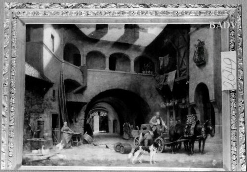 Old yard, carriage with barrels, 1883, Alois Schönn