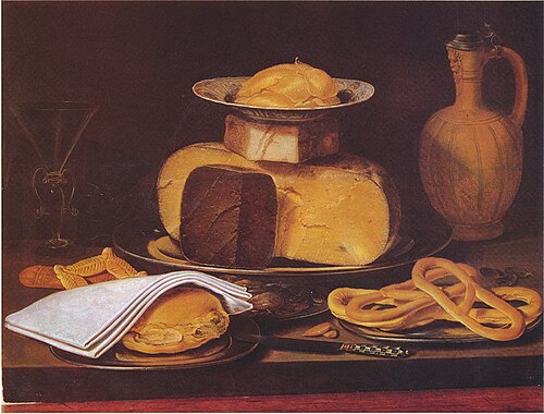Still life with cheesestack, a bun and pretzels, 1615, Clara Peeters