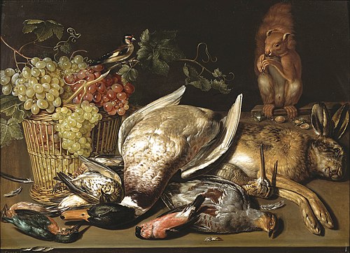 Basket of red and green grapes with fruits of the hunt, including a goldfinch, 1640, Clara Peeters