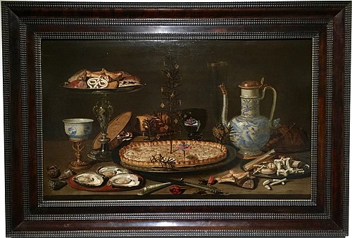 Still life of pie and sweets with stoneware jug, 1612, Clara Peeters