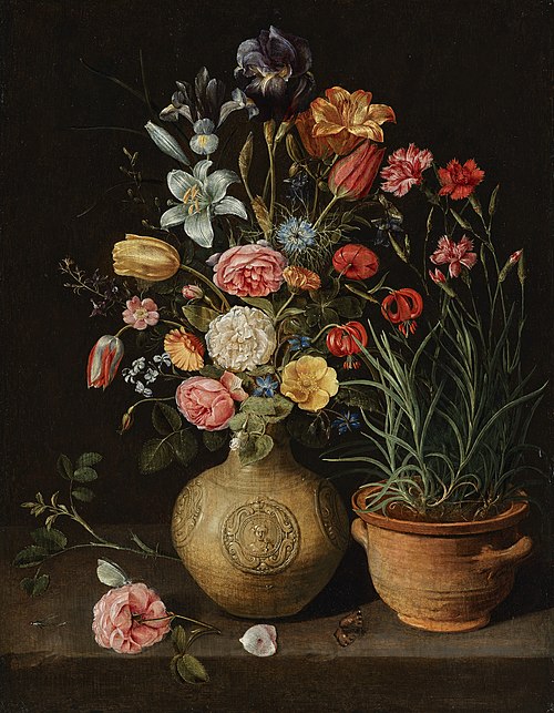 Still life of flowers in a stoneware vase, with a pot with carnations, 1612, Clara Peeters
