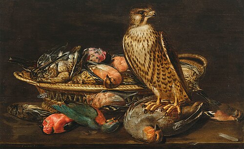 Still Life with a Peregrine Falcon and Birds, 1615, Clara Peeters