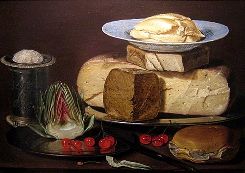 Nature morte aux fromages, artichaut et cerises, 1625, Clara Peeters