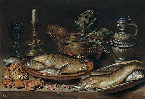 Still life of fish with a candlestick, 1611, Clara Peeters