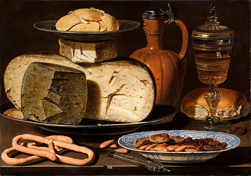 Nature morte aux fromages, amandes et bretzels, 1615, Clara Peeters