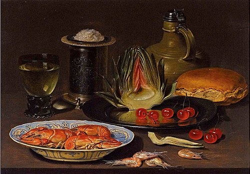 Still life with crayfish and an artichoke, 1615, Clara Peeters