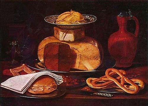 Still-life with cheesestack, bread napkin and pretzels, 1615, Clara Peeters