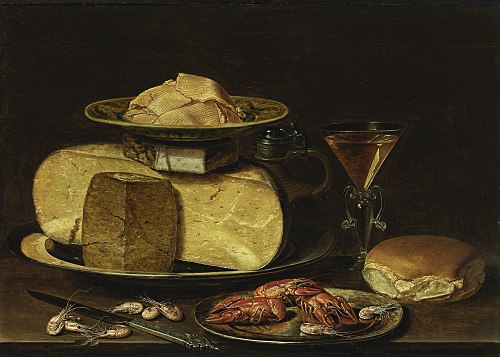 Cheesestack with knife, shrimps, crawfish, glass of wine and bread, 1615, Clara Peeters