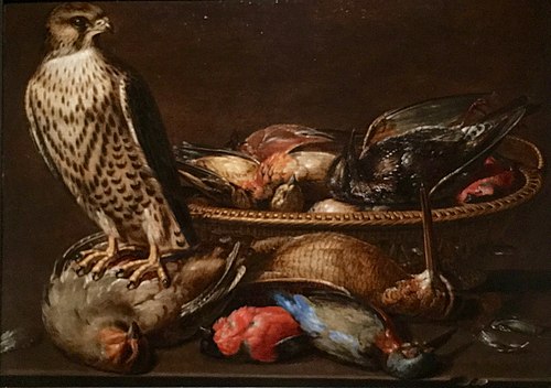 Stilleven met een slechtvalk op zijn prooi, 1617, Clara Peeters