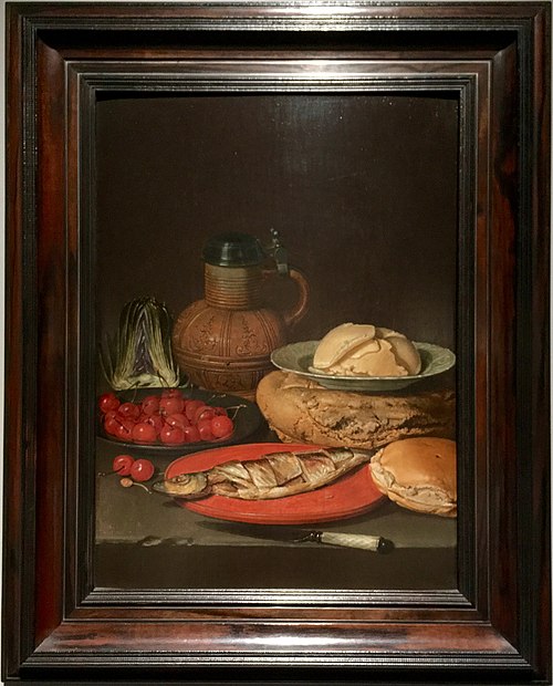 Still life with an artichoke, a Siegburg jug, a Wan Li dish with butter, cherries and a herring, 1612, Clara Peeters