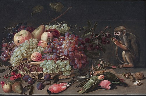 Still life of fruit, dead birds and a monkey, by Clara Peeters, 1616, Clara Peeters